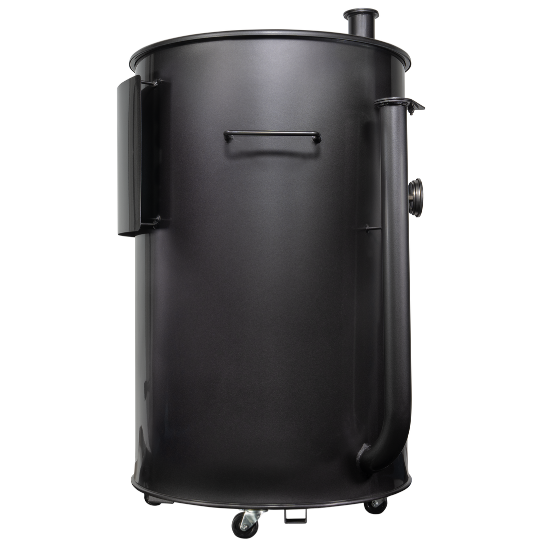 The right side of a gloss charcoal 55 gallon Gateway Drum Smoker