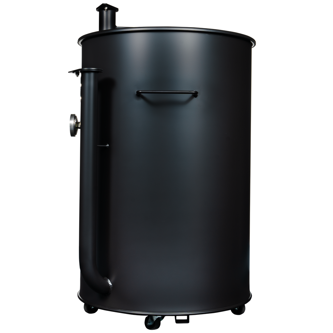 The left side of a matte black 55 gallon Gateway Drum Smoker 