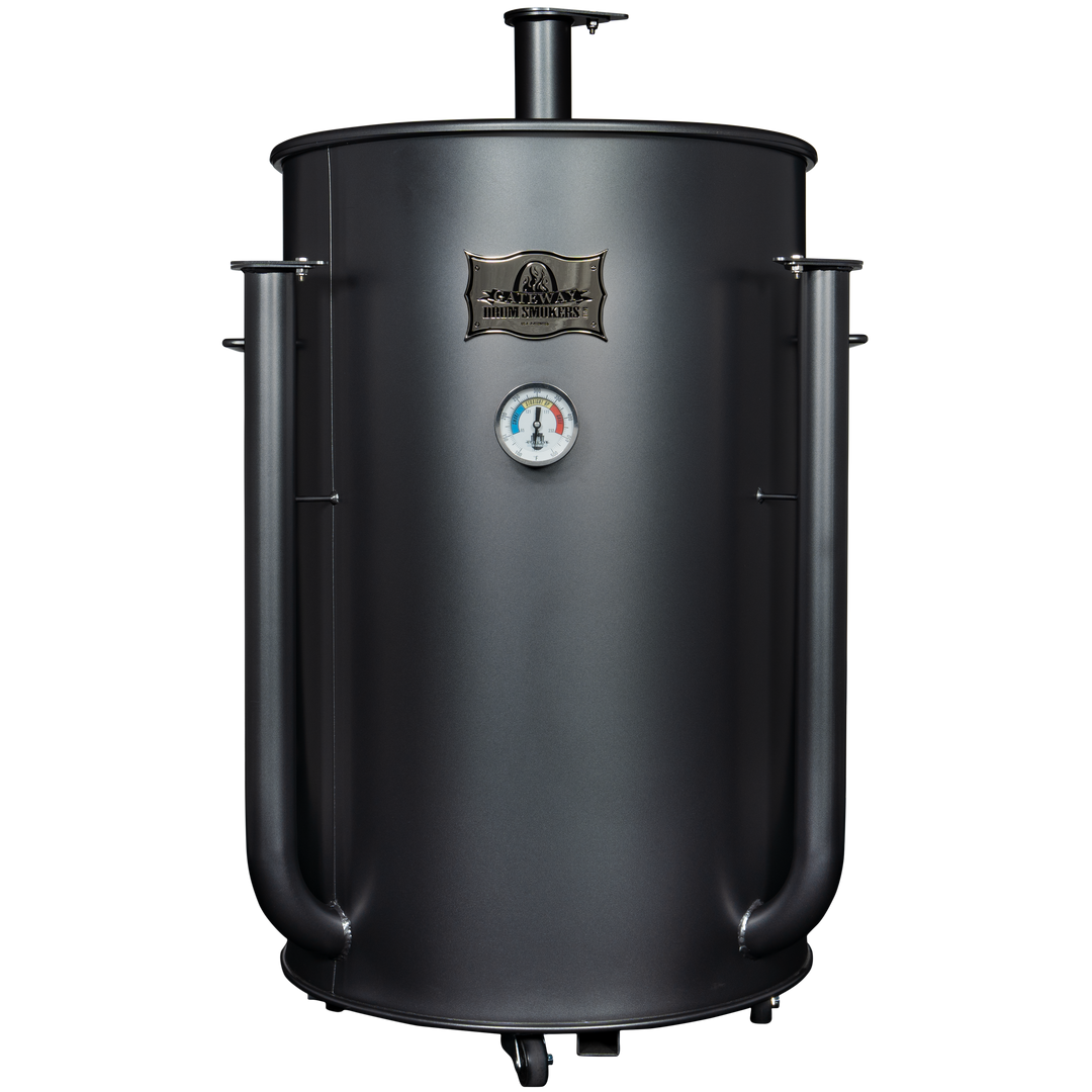 The front of a matte charcoal 55 gallon Gateway drum smoker